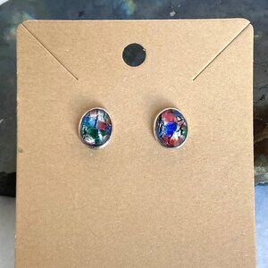 Sterling Silver 925 Dainty Oval Dichroic Glass Cabochon Stud Earrings